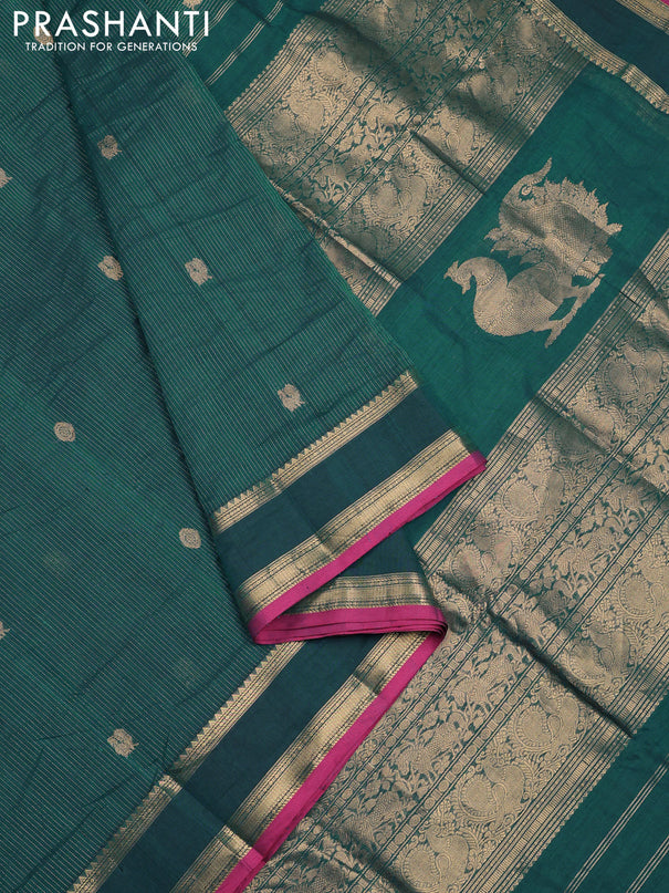 Kanchi cotton saree peacock green and pink with allover zari weaves & buttas and rettapet zari woven border