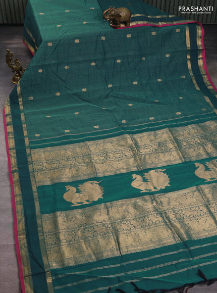 Kanchi cotton saree peacock green and pink with allover zari weaves & buttas and rettapet zari woven border