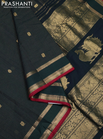 Kanchi cotton saree bottle green and maroon with allover zari weaves & buttas and rettapet zari woven border
