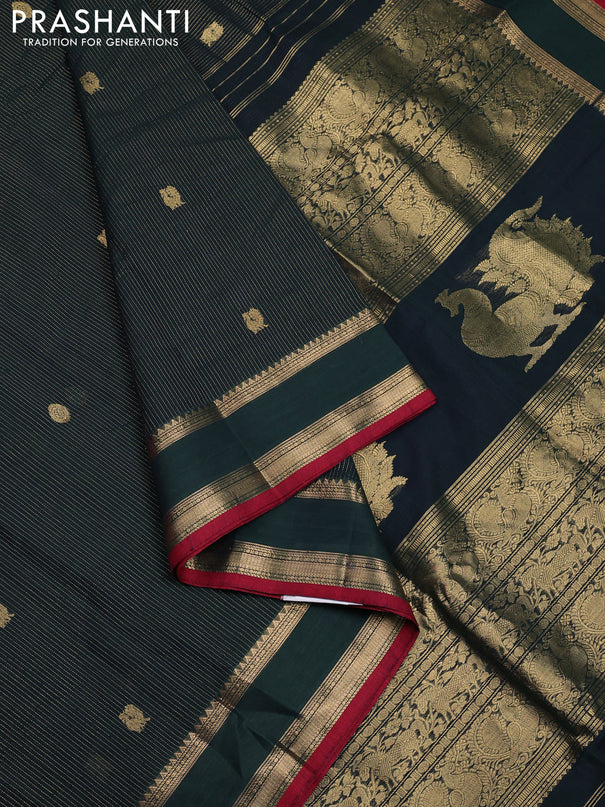 Kanchi cotton saree bottle green and maroon with allover zari weaves & buttas and rettapet zari woven border