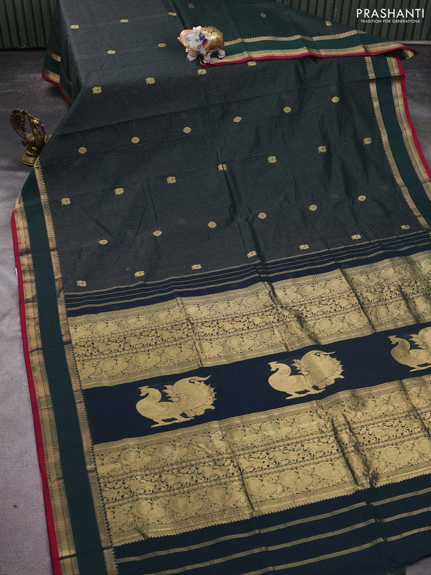 Kanchi cotton saree bottle green and maroon with allover zari weaves & buttas and rettapet zari woven border
