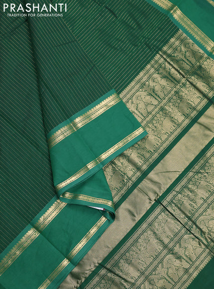 Kanchi cotton saree green with allover zari stripe pattern and rettapet zari woven border