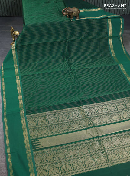 Kanchi cotton saree green with allover zari stripe pattern and rettapet zari woven border