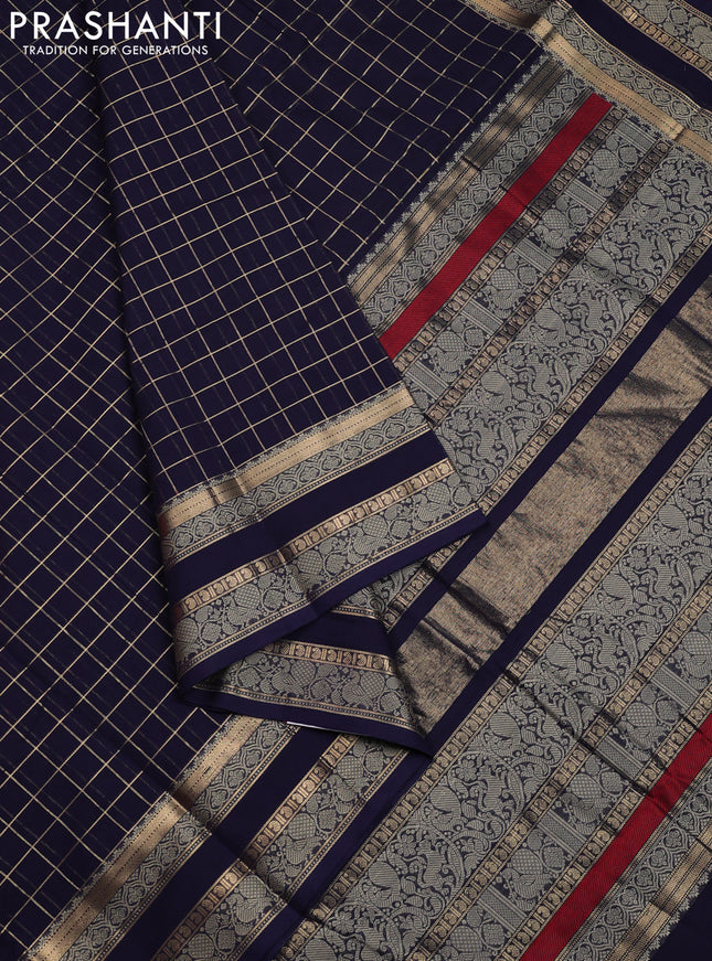 Kanchi cotton saree navy blue with allover zari checked pattern and rettapet zari woven border