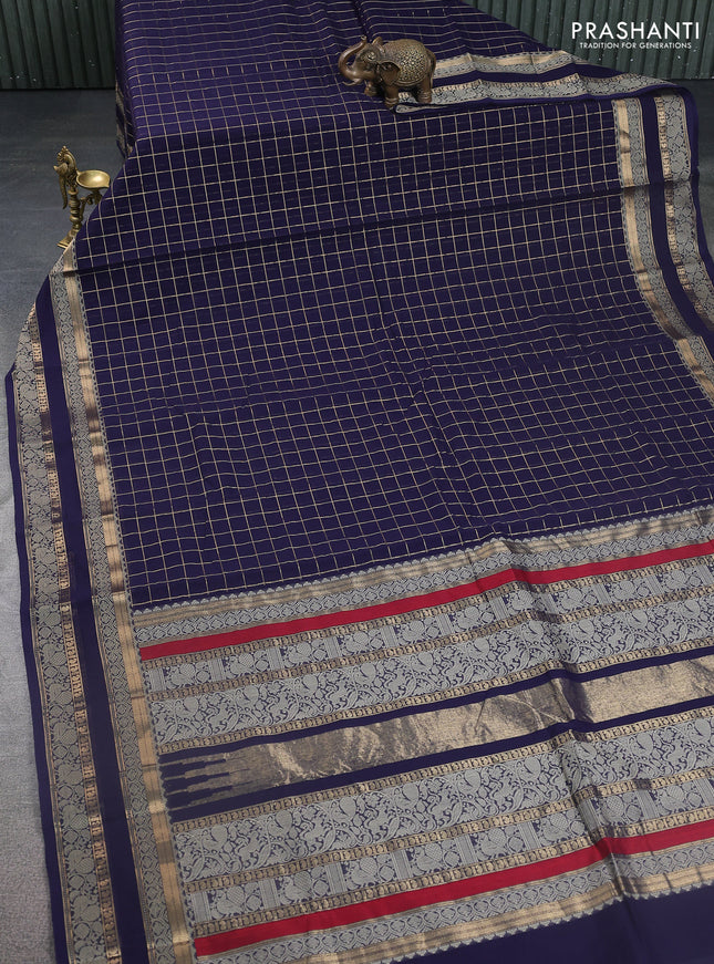 Kanchi cotton saree navy blue with allover zari checked pattern and rettapet zari woven border