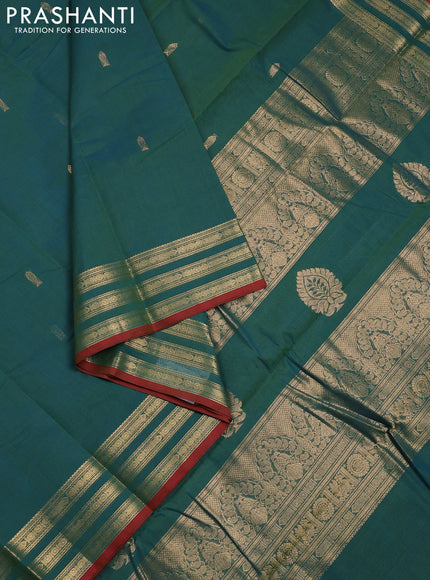 Kanchi cotton saree dual shade of teal green and red with zari woven buttas and zari woven border