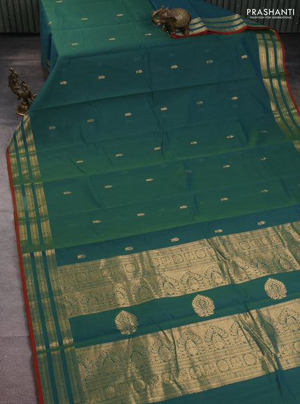 Kanchi cotton saree dual shade of teal green and red with zari woven buttas and zari woven border