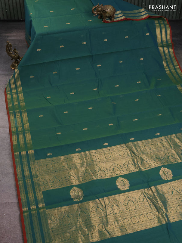 Kanchi cotton saree dual shade of teal green and red with zari woven buttas and zari woven border