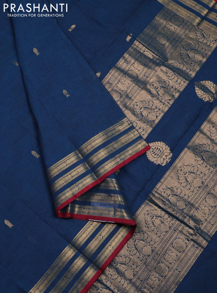 Kanchi cotton saree peacock blue and maroon with zari woven buttas and zari woven border