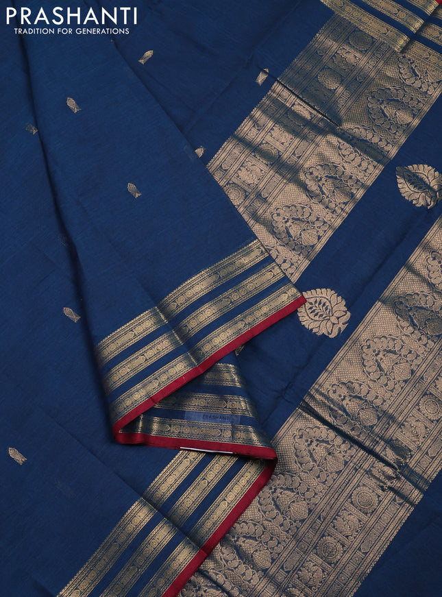 Kanchi cotton saree peacock blue and maroon with zari woven buttas and zari woven border