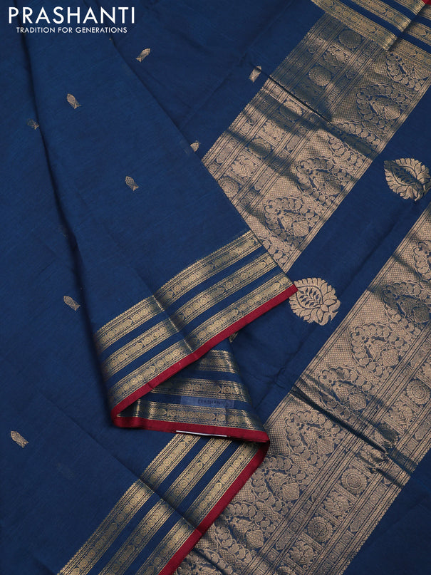 Kanchi cotton saree peacock blue and maroon with zari woven buttas and zari woven border