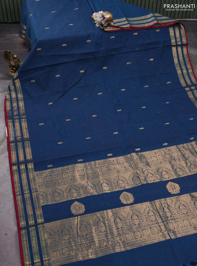 Kanchi cotton saree peacock blue and maroon with zari woven buttas and zari woven border