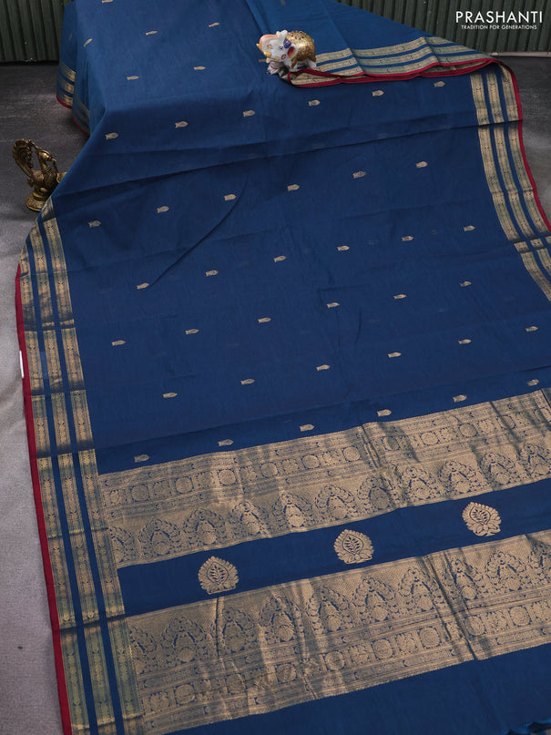 Kanchi cotton saree peacock blue and maroon with zari woven buttas and zari woven border