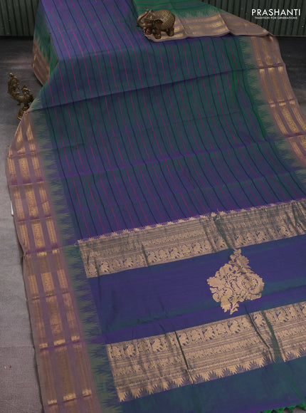 Kanchi cotton saree dual shade of green and beige with allover thread woven stripe pattern and temple design zari woven border