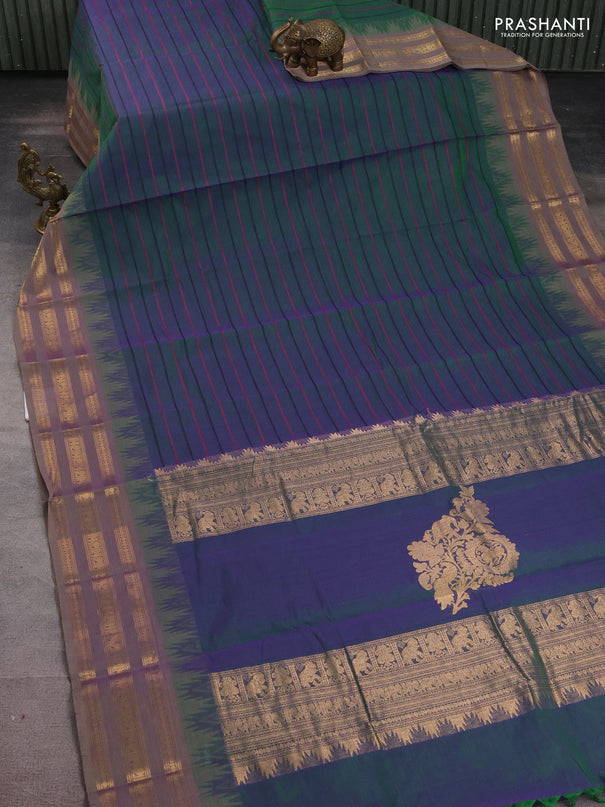 Kanchi cotton saree dual shade of green and beige with allover thread woven stripe pattern and temple design zari woven border