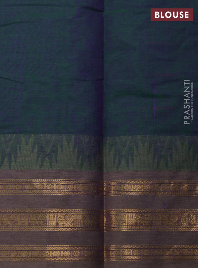 Kanchi cotton saree dual shade of green and beige with allover thread woven stripe pattern and temple design zari woven border