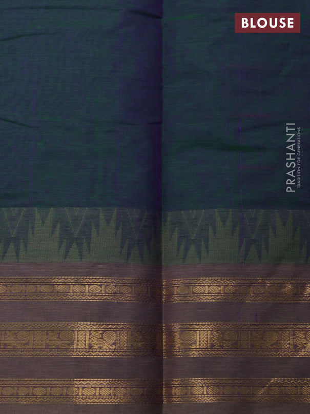 Kanchi cotton saree dual shade of green and beige with allover thread woven stripe pattern and temple design zari woven border