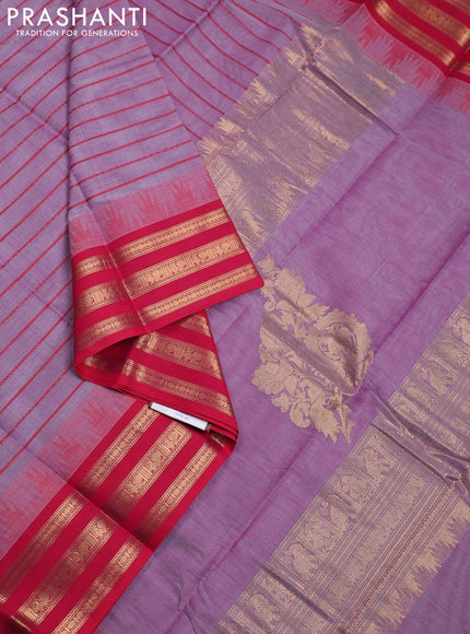 Kanchi cotton saree lavender and pink with allover thread woven stripe pattern and temple design zari woven border