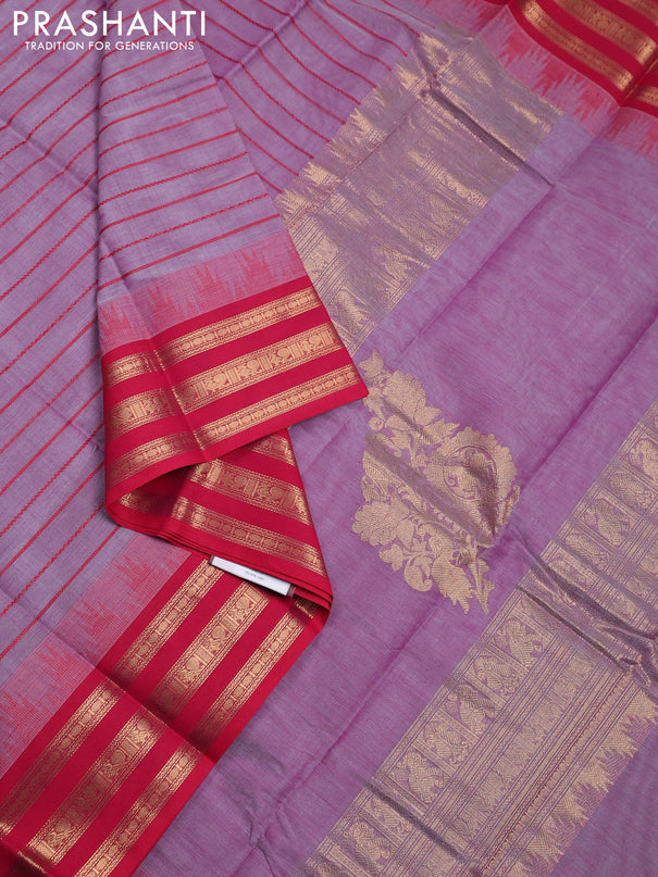 Kanchi cotton saree lavender and pink with allover thread woven stripe pattern and temple design zari woven border