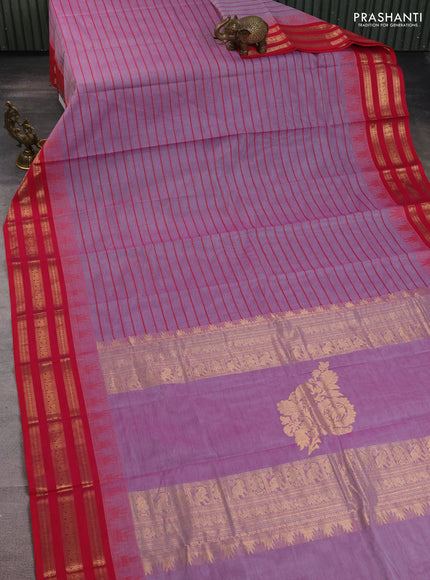 Kanchi cotton saree lavender and pink with allover thread woven stripe pattern and temple design zari woven border