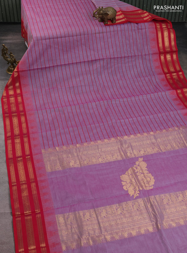 Kanchi cotton saree lavender and pink with allover thread woven stripe pattern and temple design zari woven border