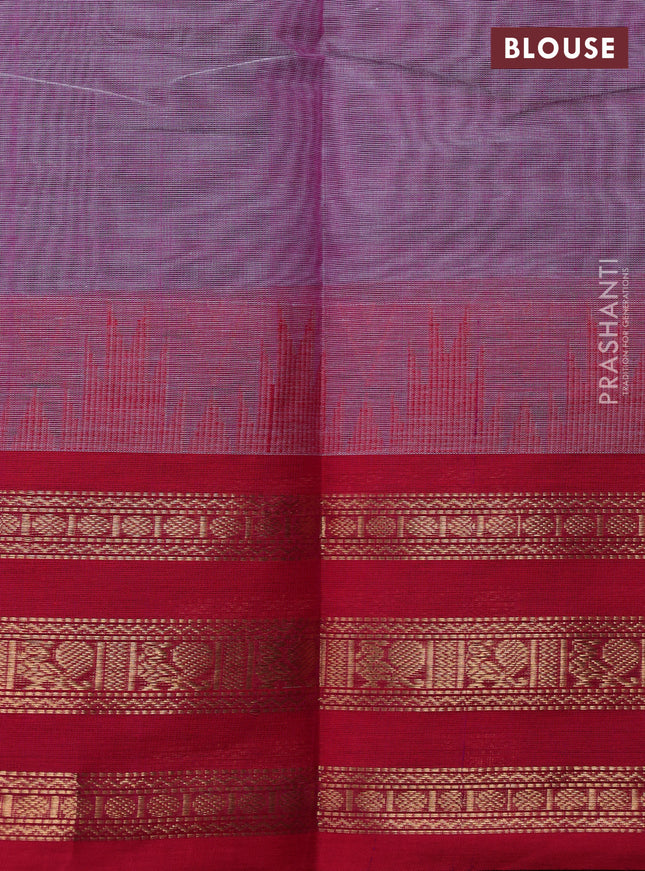 Kanchi cotton saree lavender and pink with allover thread woven stripe pattern and temple design zari woven border