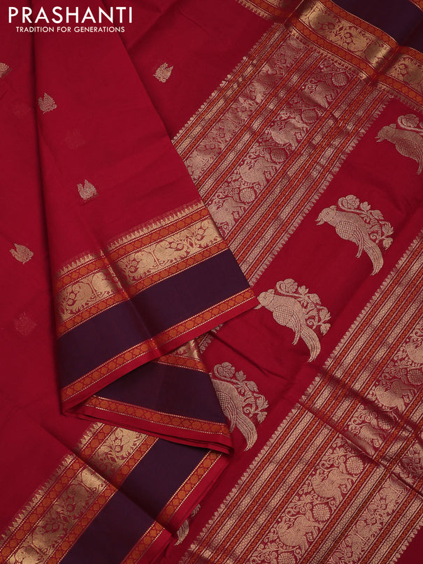 Kanchi cotton saree red and dual shade of purple with zari woven annam buttas and rettapet thread & zari woven border