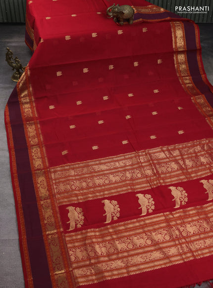 Kanchi cotton saree red and dual shade of purple with zari woven annam buttas and rettapet thread & zari woven border
