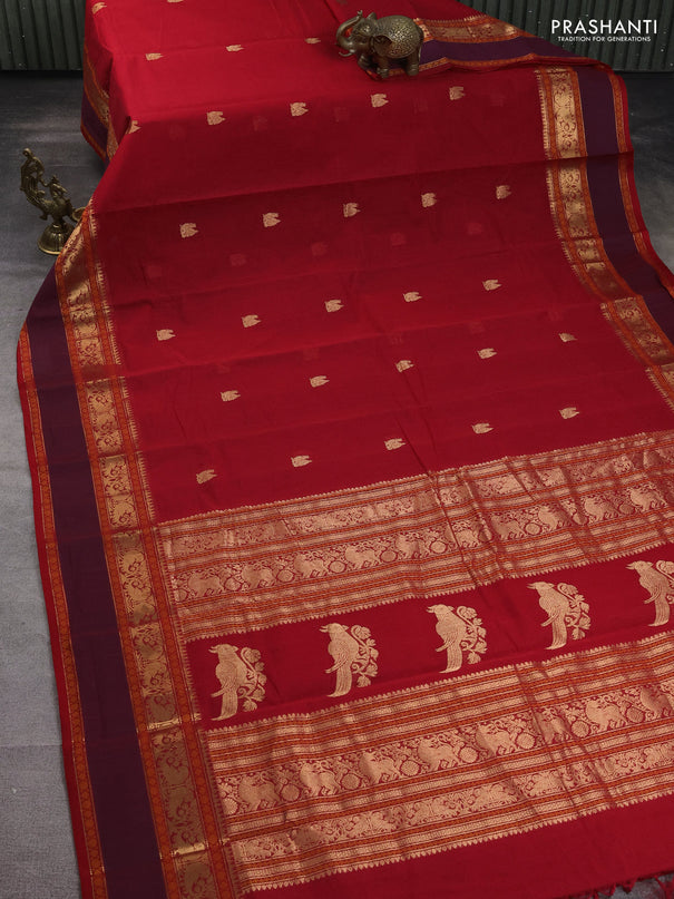Kanchi cotton saree red and dual shade of purple with zari woven annam buttas and rettapet thread & zari woven border