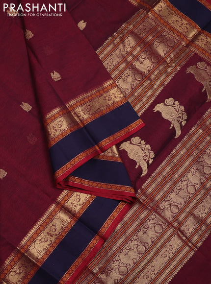 Kanchi cotton saree maroon and navy blue with zari woven annam buttas and rettapet thread & zari woven border