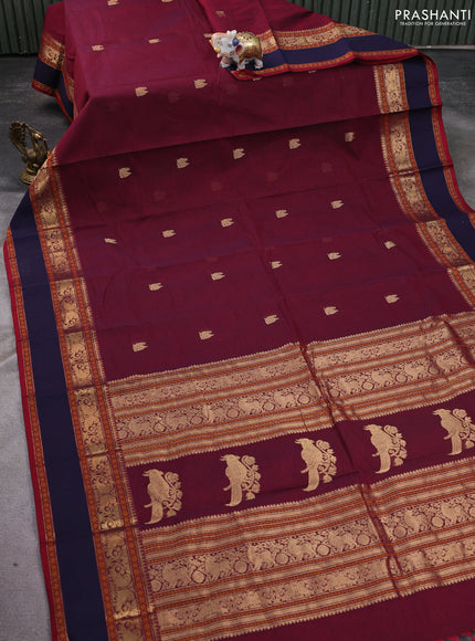 Kanchi cotton saree maroon and navy blue with zari woven annam buttas and rettapet thread & zari woven border