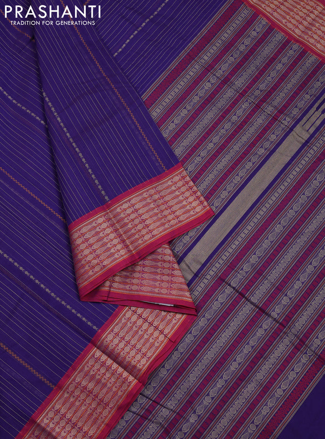 Kanchi cotton saree blue and maroon with allover thread stripe weaves and thread woven border