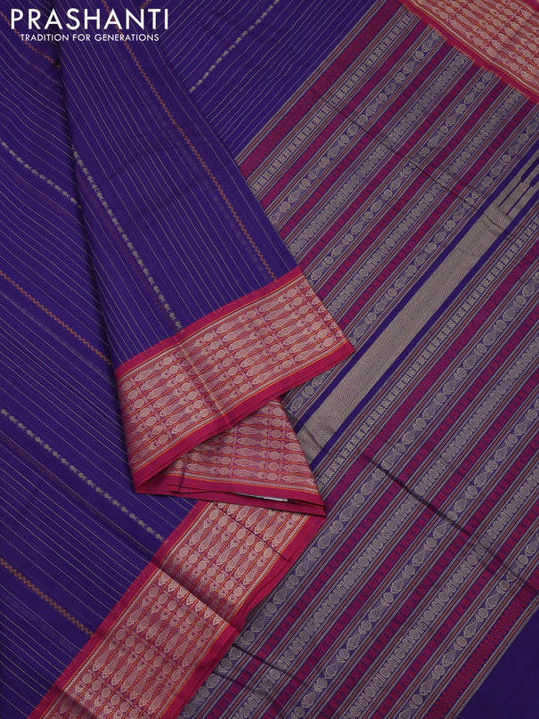 Kanchi cotton saree blue and maroon with allover thread stripe weaves and thread woven border