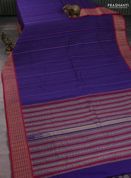Kanchi cotton saree blue and maroon with allover thread stripe weaves and thread woven border