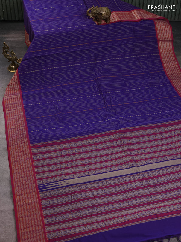 Kanchi cotton saree blue and maroon with allover thread stripe weaves and thread woven border