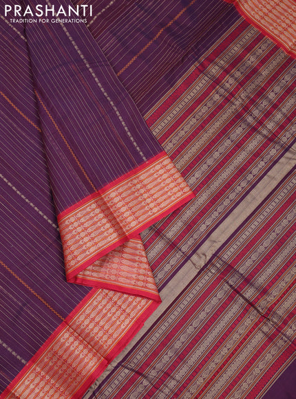 Kanchi cotton saree purple and red with allover thread stripe weaves and thread woven border