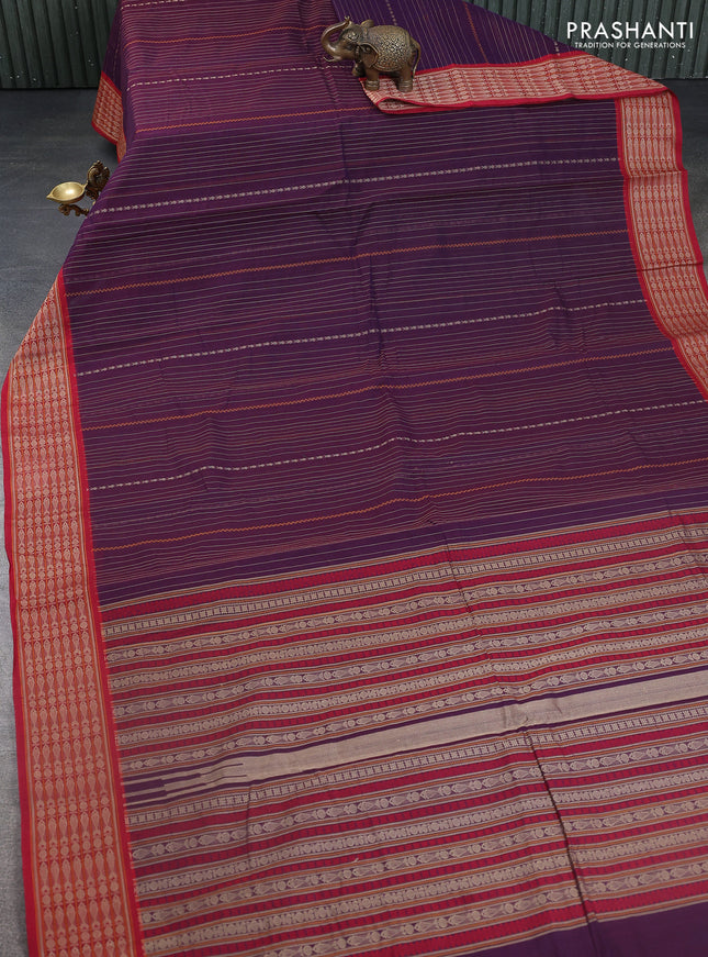 Kanchi cotton saree purple and red with allover thread stripe weaves and thread woven border