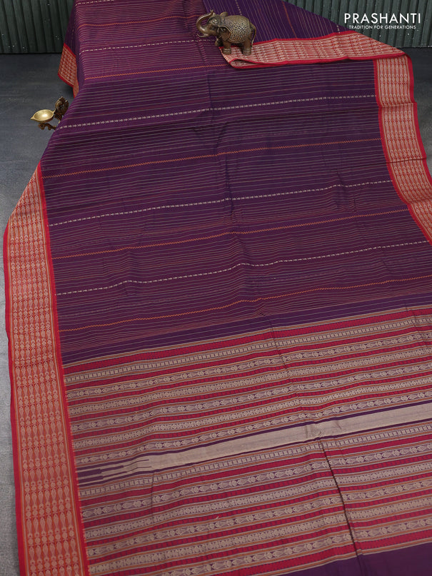 Kanchi cotton saree purple and red with allover thread stripe weaves and thread woven border