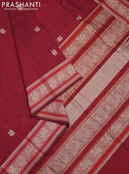 Kanchi cotton saree maroon with thread woven buttas and thread woven border