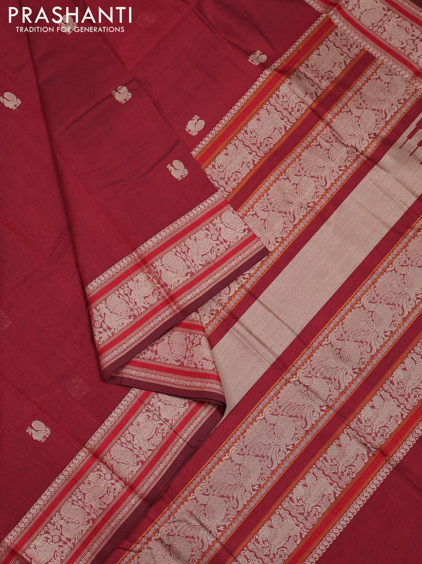 Kanchi cotton saree maroon with thread woven buttas and thread woven border