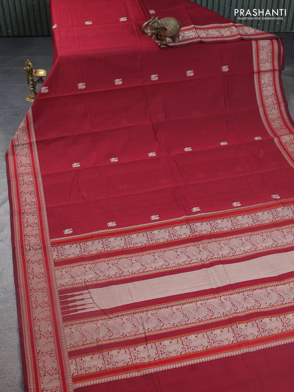 Kanchi cotton saree maroon with thread woven buttas and thread woven border
