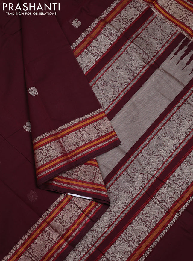 Kanchi cotton saree maroon with thread woven buttas and thread woven border
