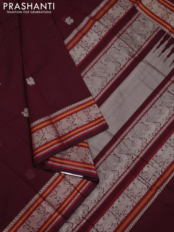Kanchi cotton saree maroon with thread woven buttas and thread woven border