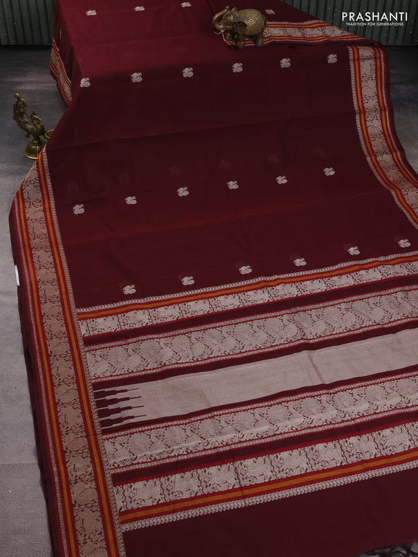 Kanchi cotton saree maroon with thread woven buttas and thread woven border