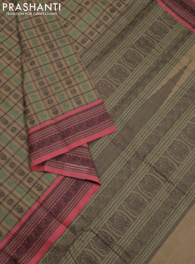 Kanchi cotton saree beige and pink shade with allover checked pattern & buttas and thread woven border