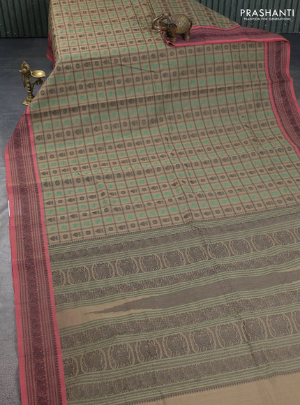 Kanchi cotton saree beige and pink shade with allover checked pattern & buttas and thread woven border