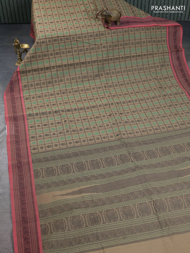Kanchi cotton saree beige and pink shade with allover checked pattern & buttas and thread woven border