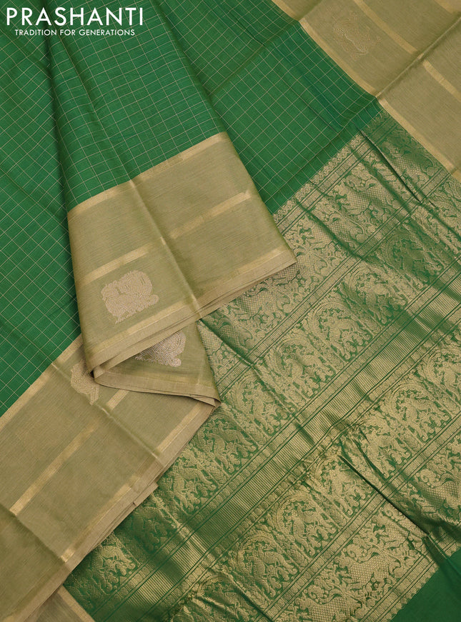 Kanchi cotton saree green and elaichi green with allover thread woven checked pattern and long zari woven butta border
