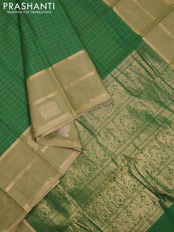 Kanchi cotton saree green and elaichi green with allover thread woven checked pattern and long zari woven butta border