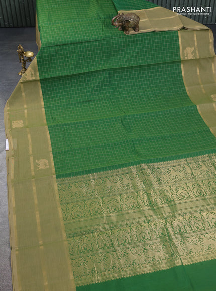 Kanchi cotton saree green and elaichi green with allover thread woven checked pattern and long zari woven butta border
